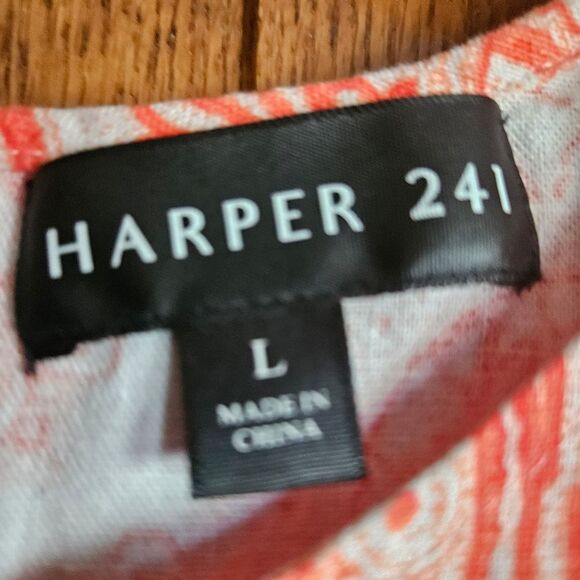 Harper 241 Sleeveless Linen Keyhole Tunic L | Orange & White Print Beach Top - Picture 6 of 6